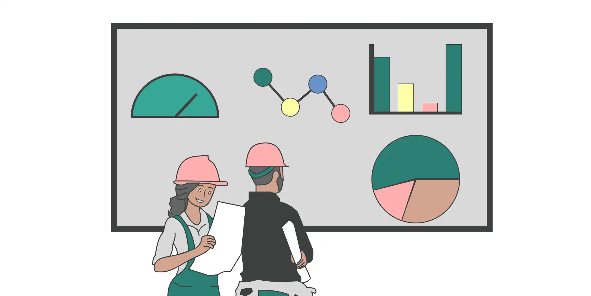 Deux personnes devant un tableau de bord de projet affichant une jauge, un graphique de tâches, un diagramme en barres et un camembert.